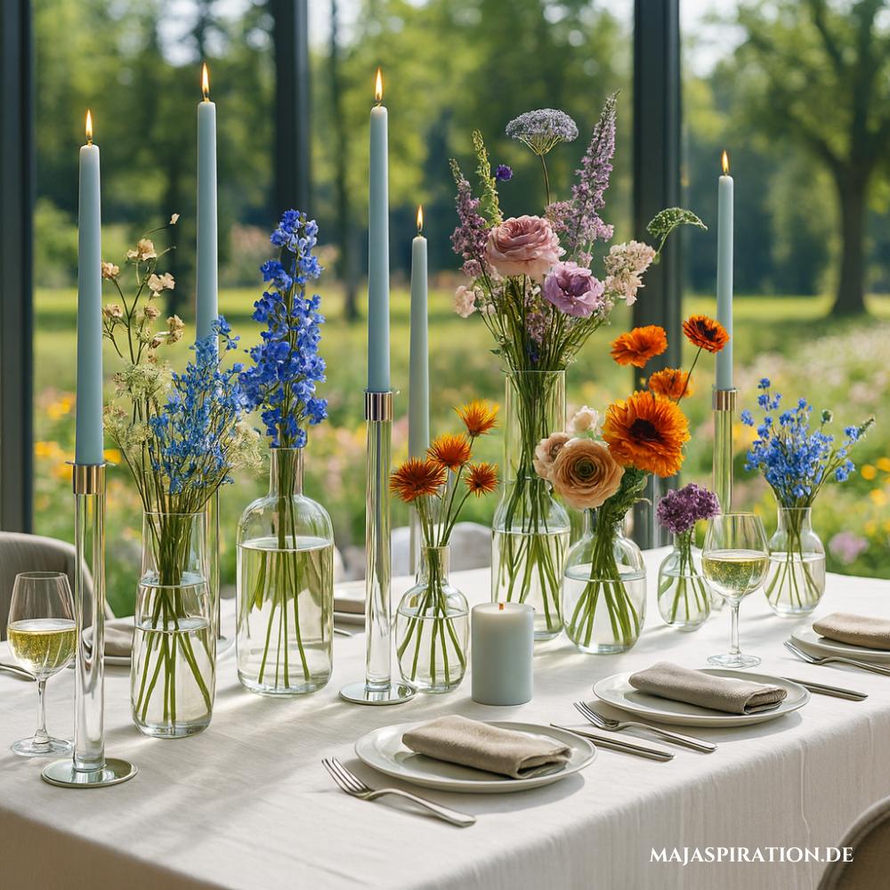 Dezente Hochzeitsdeko für Tische mit hohen Kerzen und bunten Blumen