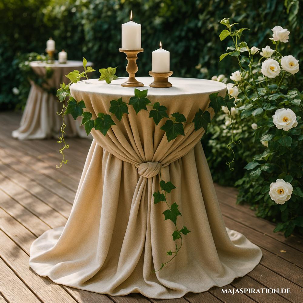 Stehtischdeko für Hochzeiten mit Tuch und Efeu