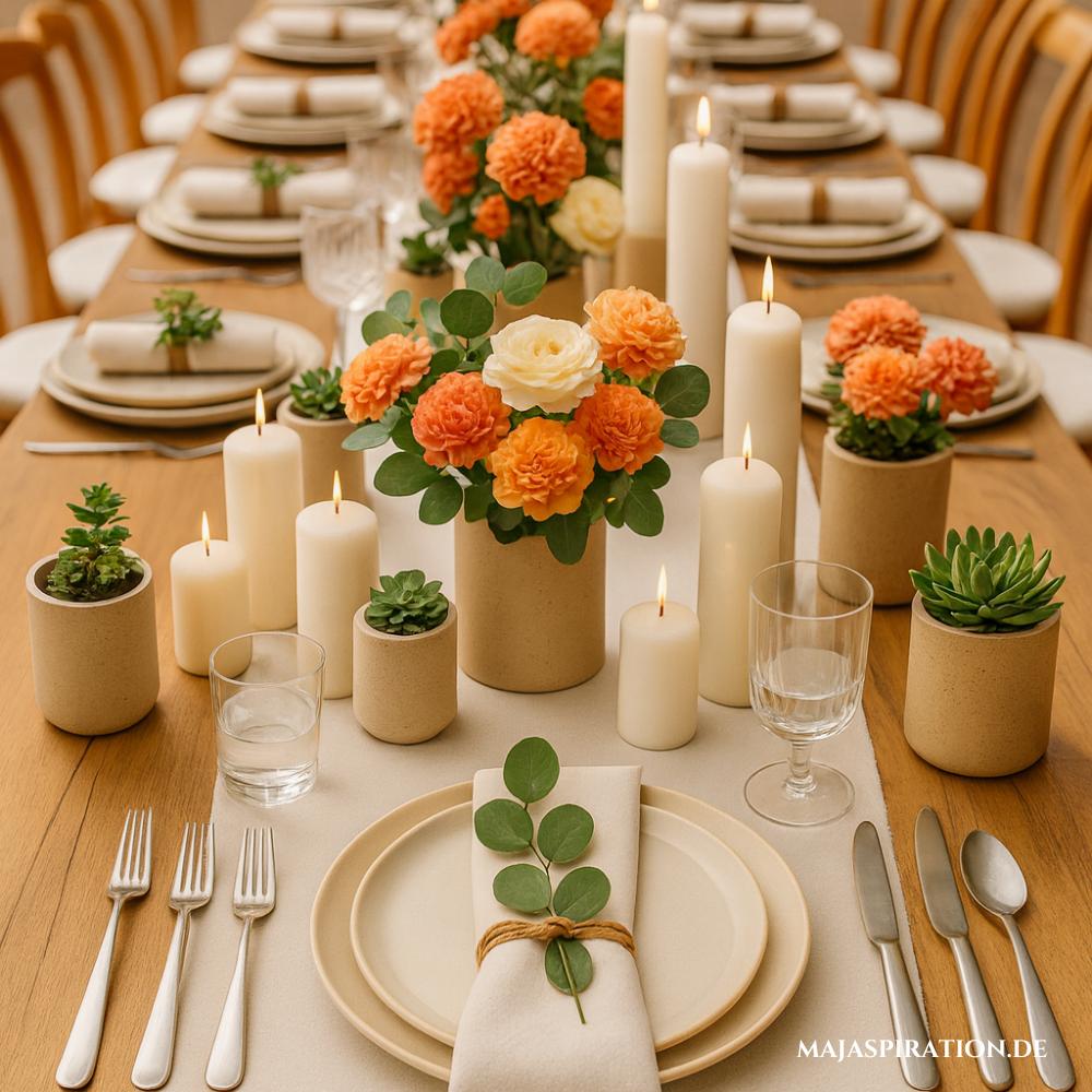 Schlichte Hochzeitstisch Deko Idee mit Sukkulenten