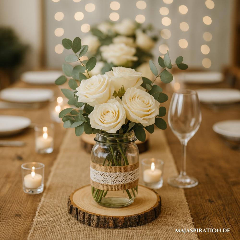 Rustikale Tischdeko für Hochzeiten mit Baumrinde und Juteband
