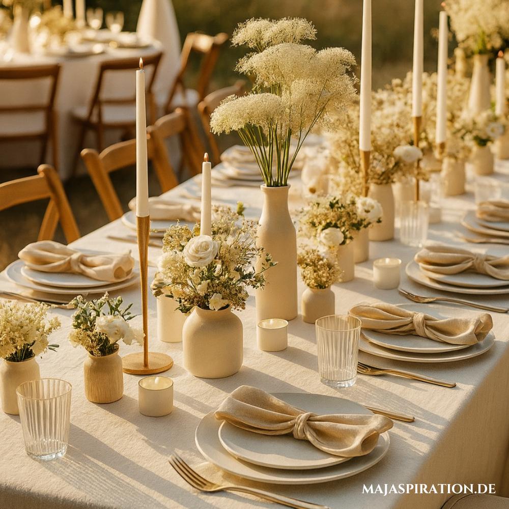 Minimalistische Tischdeko in Creme für Hochzeitsfest