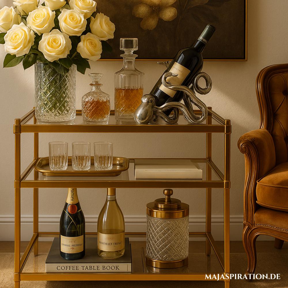 Retro Home Bar auf goldenem Servicewagen im eleganten Old Money Stil und Whiskey Karaffen