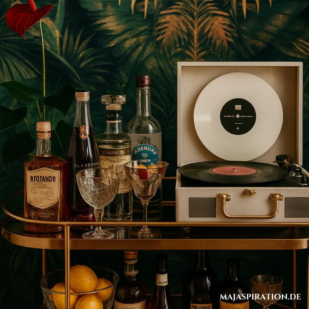 Retro Home Bar auf Küchenwagen vor dunkelgrüner Pflanzentapete und Schallplattenspieler