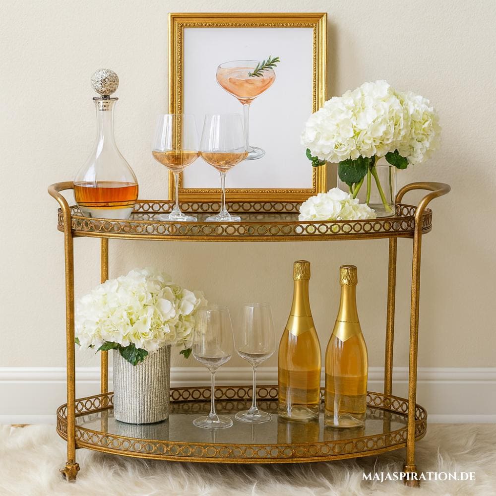 Stilvolle Serviewagen Home Bar in Gold mit weißen Blumen und kleinem Cocktail Gemälde