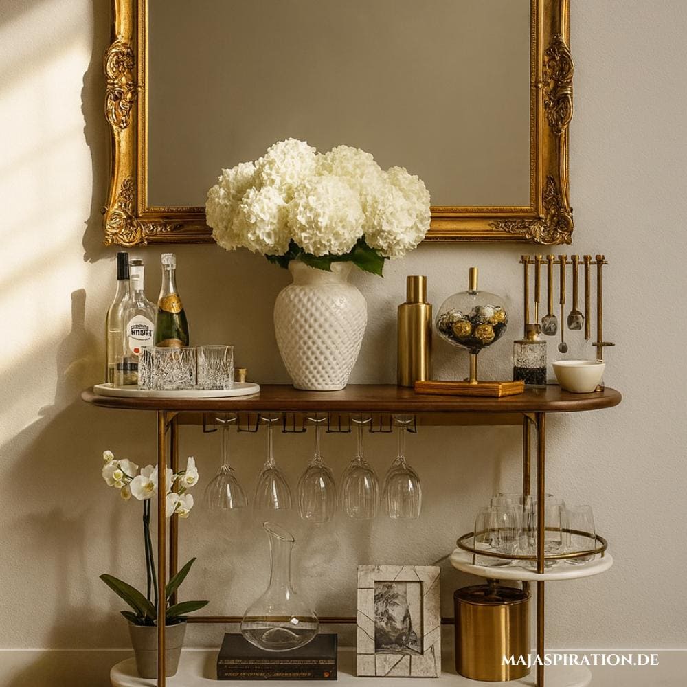 Old Money Stil Home Bar mit goldenem Barockspiegel und weißen Hortensien