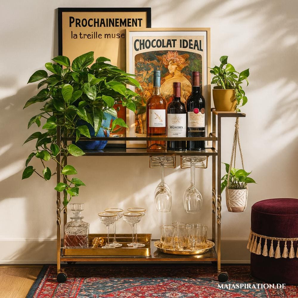 Home Bar auf Servierwagen im Mid-Century Look gestylt