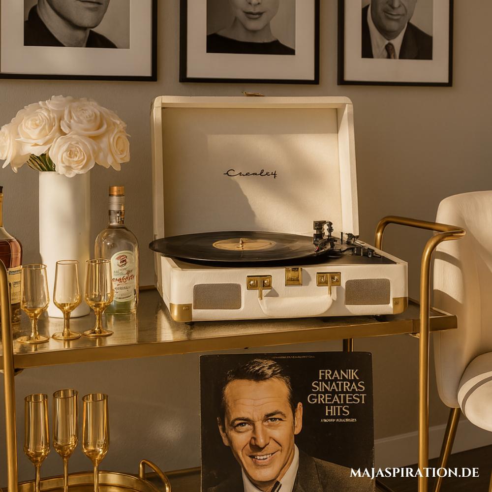 Elegante Wohnidee in Cremetönen mit Servierwagen als Home Bar mit Schallplattenspieler