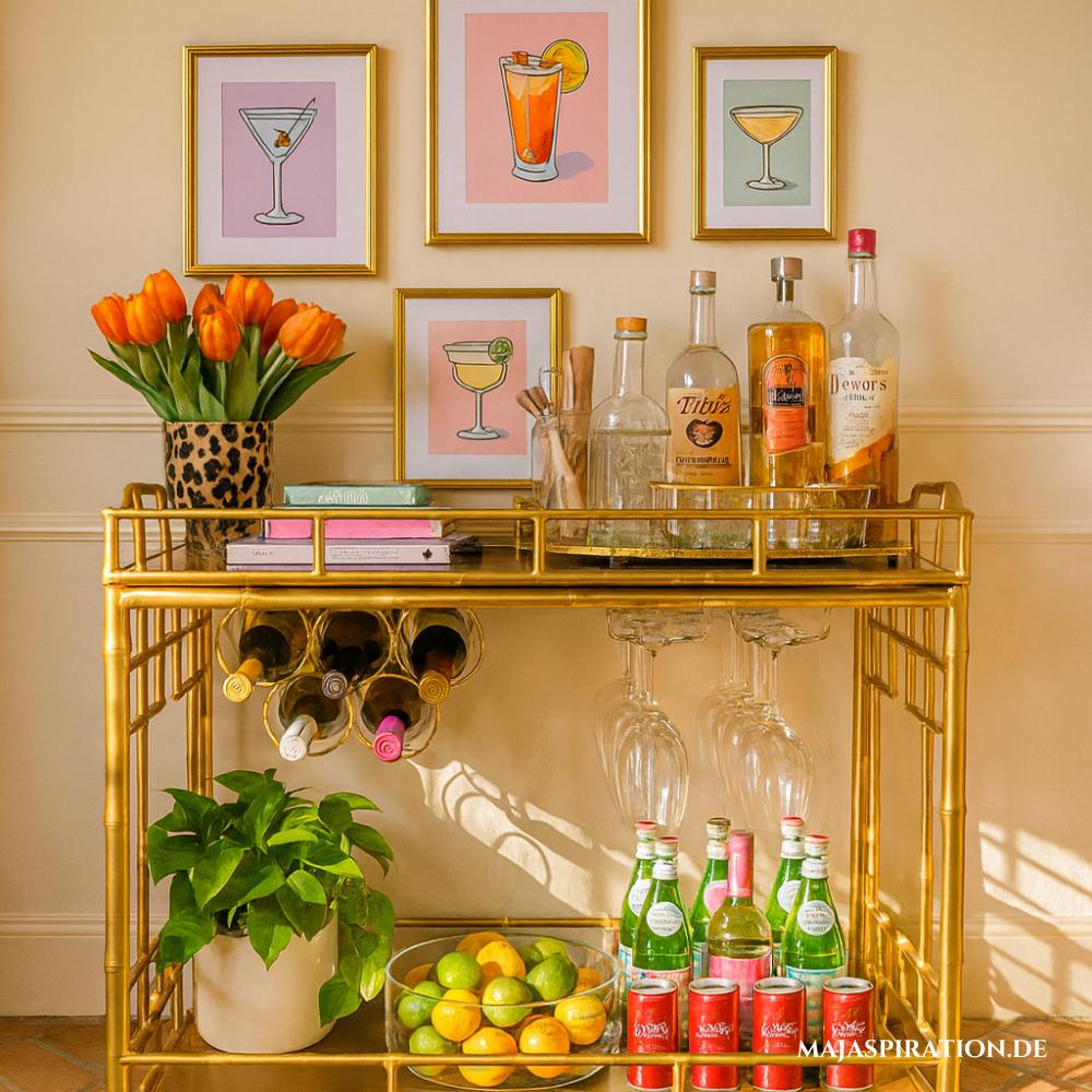 Farbenfrohe Servicewagen-Home Bar mit rosa Tulpen und kleiner Cocktailgalerie