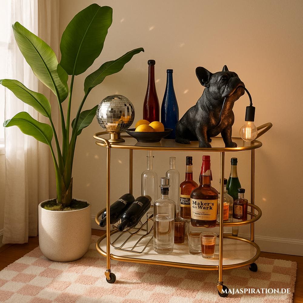 Kultige Home Bar auf Servierwagen mit Mops-Lampe und Discokugel