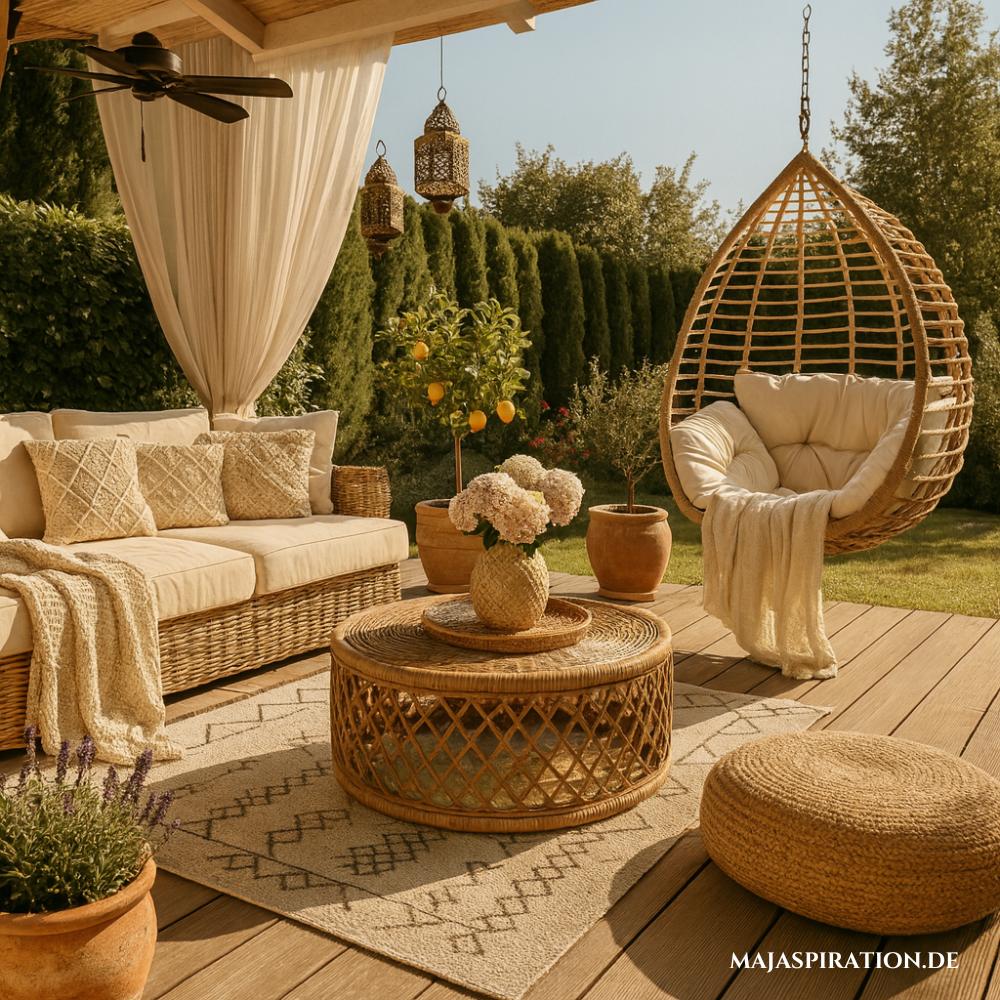 Holz-Terrasse mit Rattanmöbeln und Vorhängen