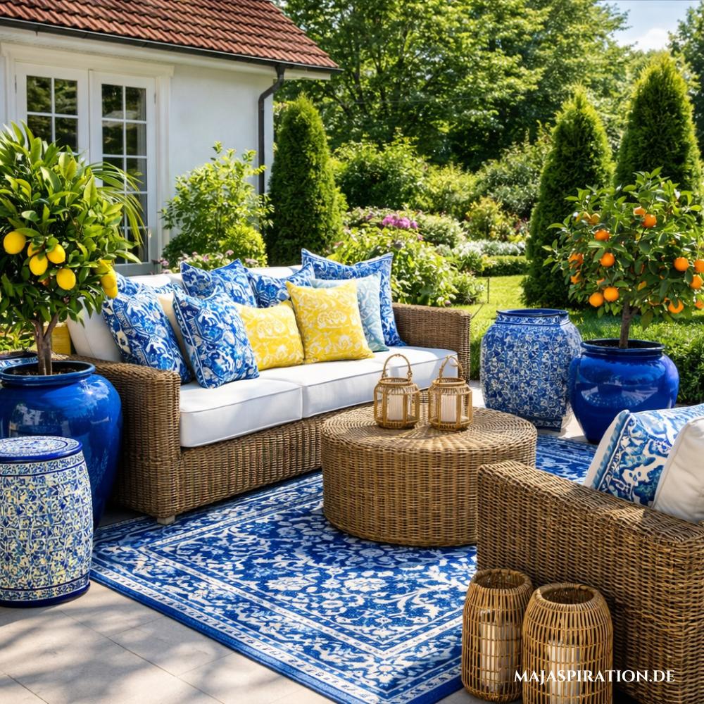 Terrasse mit blau-weiß gemustertem Teppich, Kissen und Töpfen im mediterranen Look