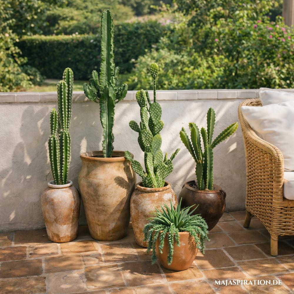 Kakteen und Sukkulenten in Terracotta Töpfen auf gefliester Terrasse