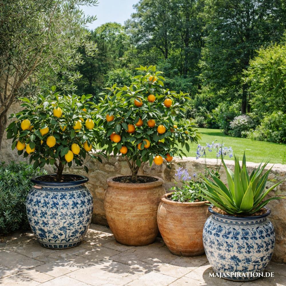 Terrasse mit Zitronen und Orangenbäumen in großen Terracotta oder Keramiktöpfen