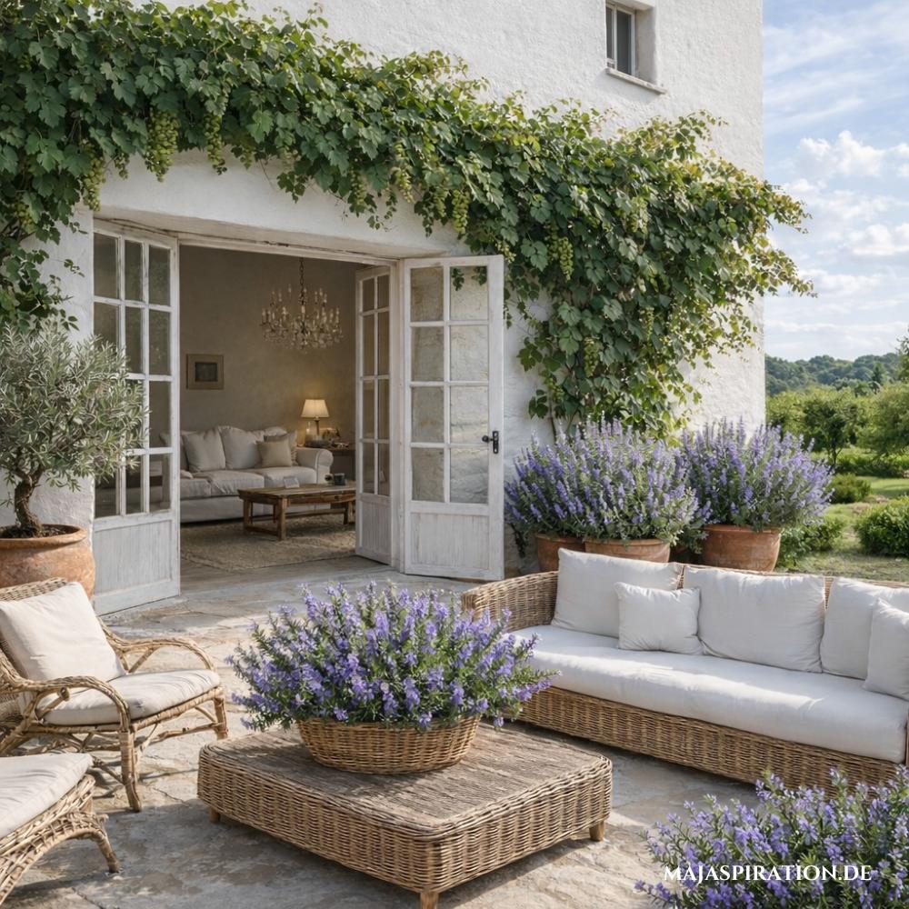 Terrassen Idee mit Rosmarin in Töpfen und Rattan-Möbeln