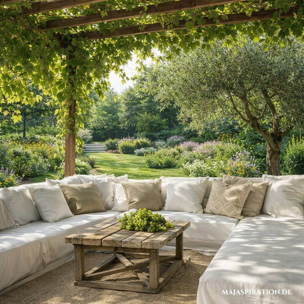 Mediterrane Terrasse unter Weinreben mit hellen Leinenkissen