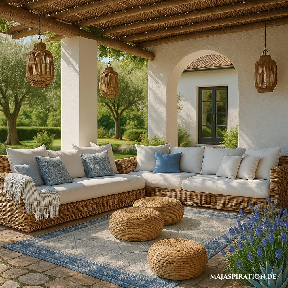 Mediterrane Terrasse mit geflochtenen Sitzpoufs aus Rattan