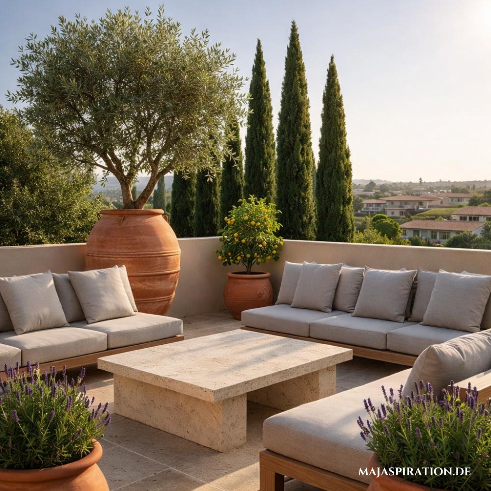 Mediterrane Terrasse mit Zypressen und Sitzgruppe mit Steintisch