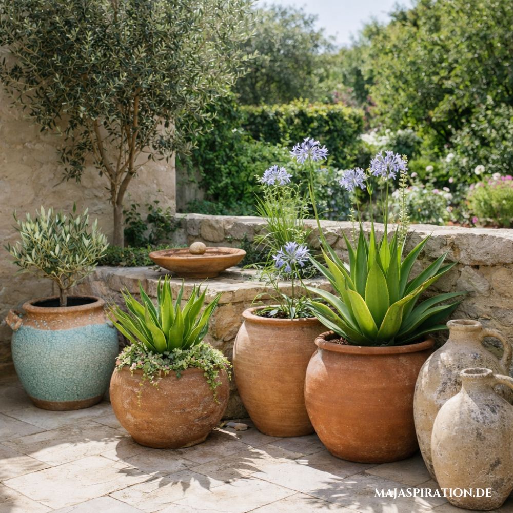 Klassische Terracotta Pflanzentöpfe für den mediterranen Look auf der Terrasse