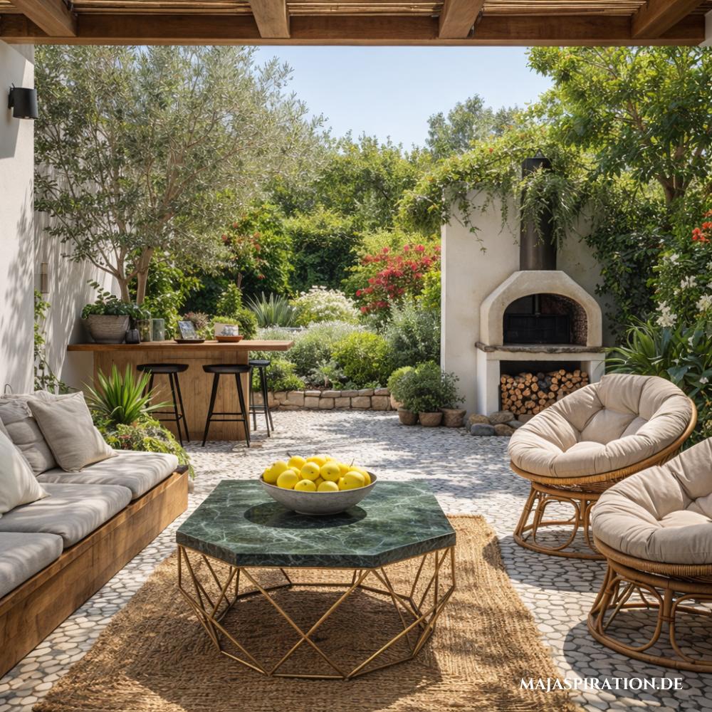 Terrasse aus Steinfliesen und grünem Marmortisch mit Rattanmöbeln