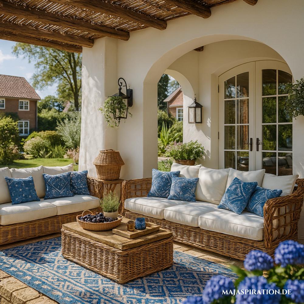 Gemütliche Terrasse mit Rattanmöbeln und blauen Kissen
