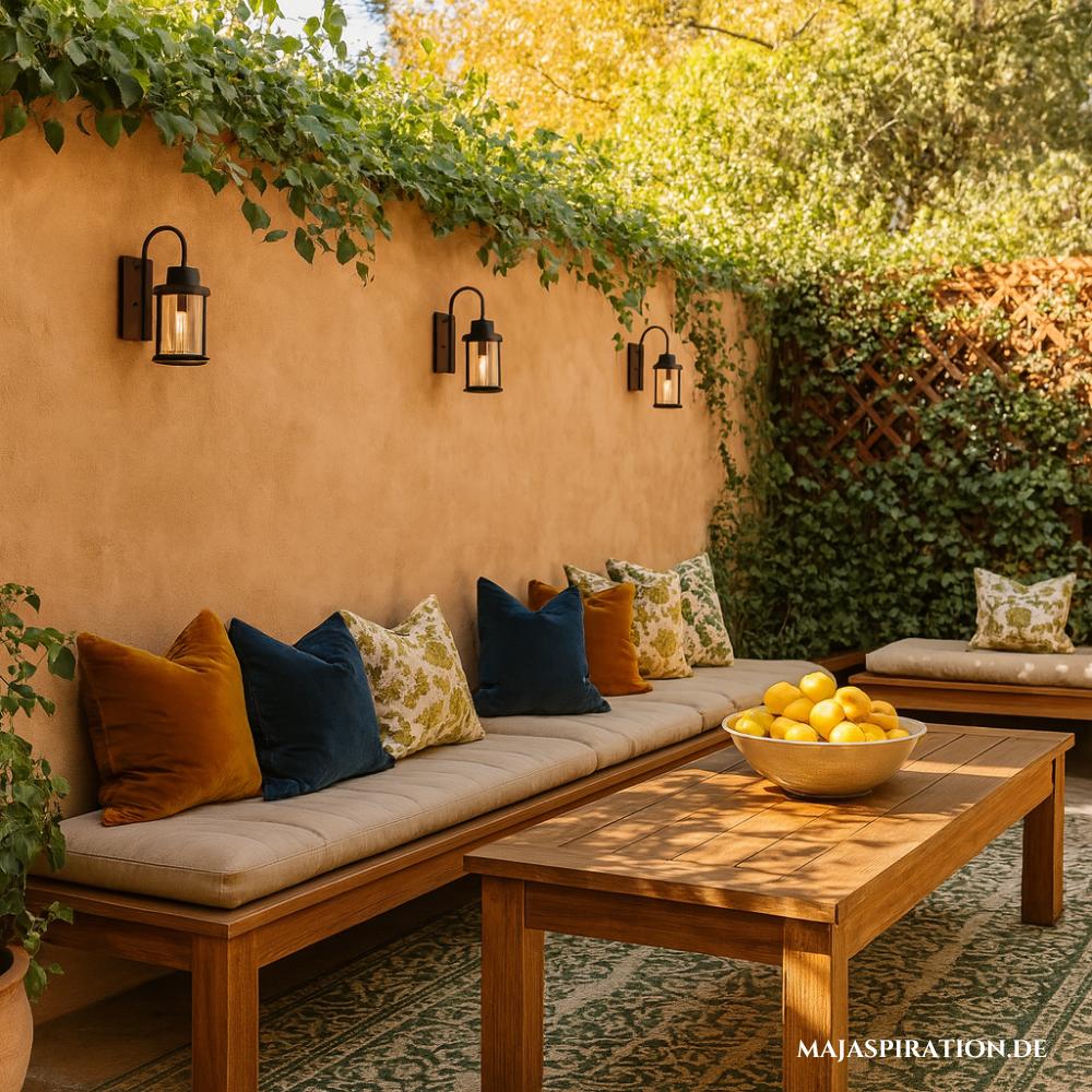 Terrassen-Sitzecke im südlichen Stil mit Kissen in warmen Naturfarben