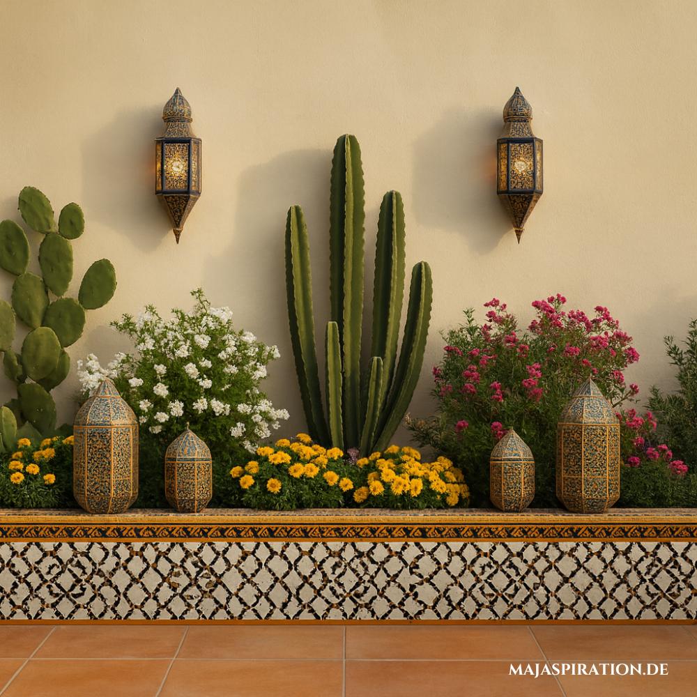 Terrassengestaltung im mediterranen Look mit marokkanischen Wandleuchten und Laternen