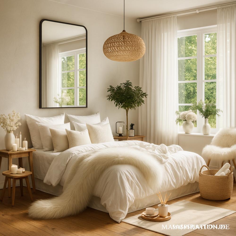 Schön eingerichtetes Schlafzimmer im skandinavischen Stil