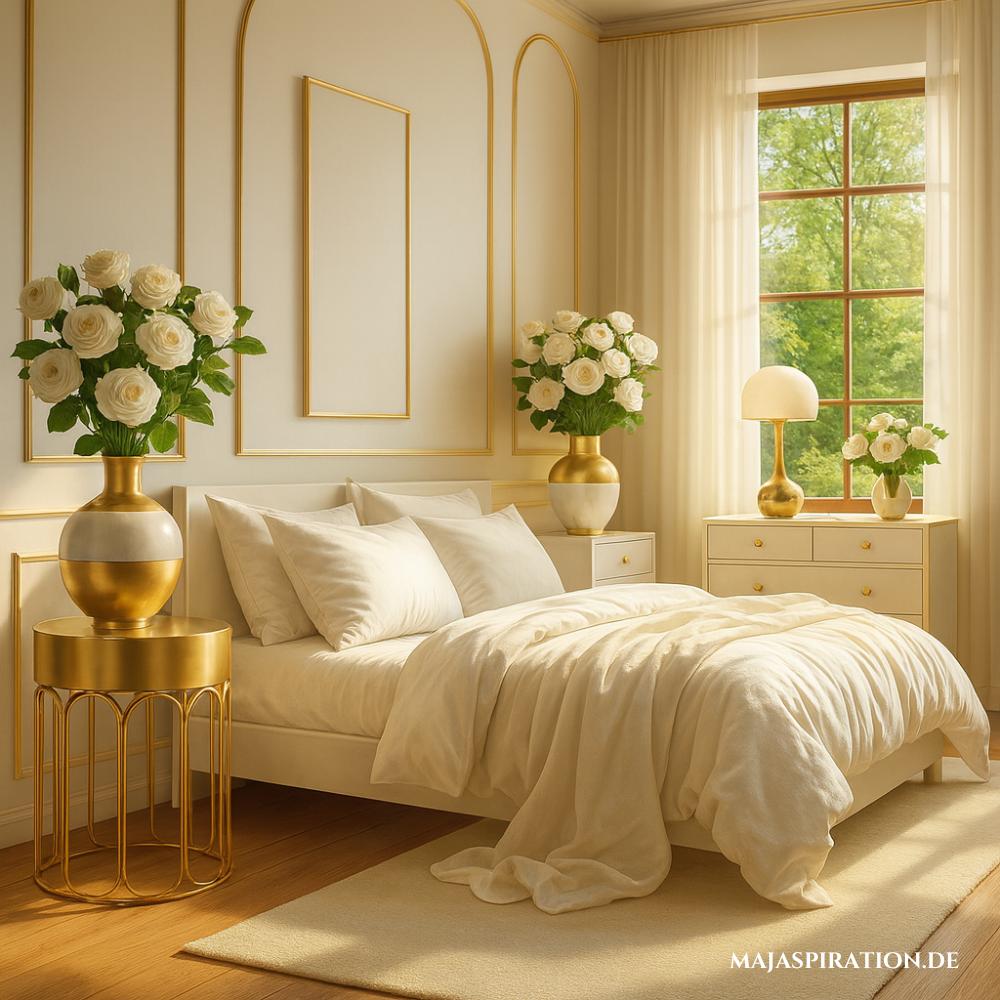 Ästhetische Home Decor im Pinterest Look mit goldenem Nachttisch in elegantem Schlafzimmer
