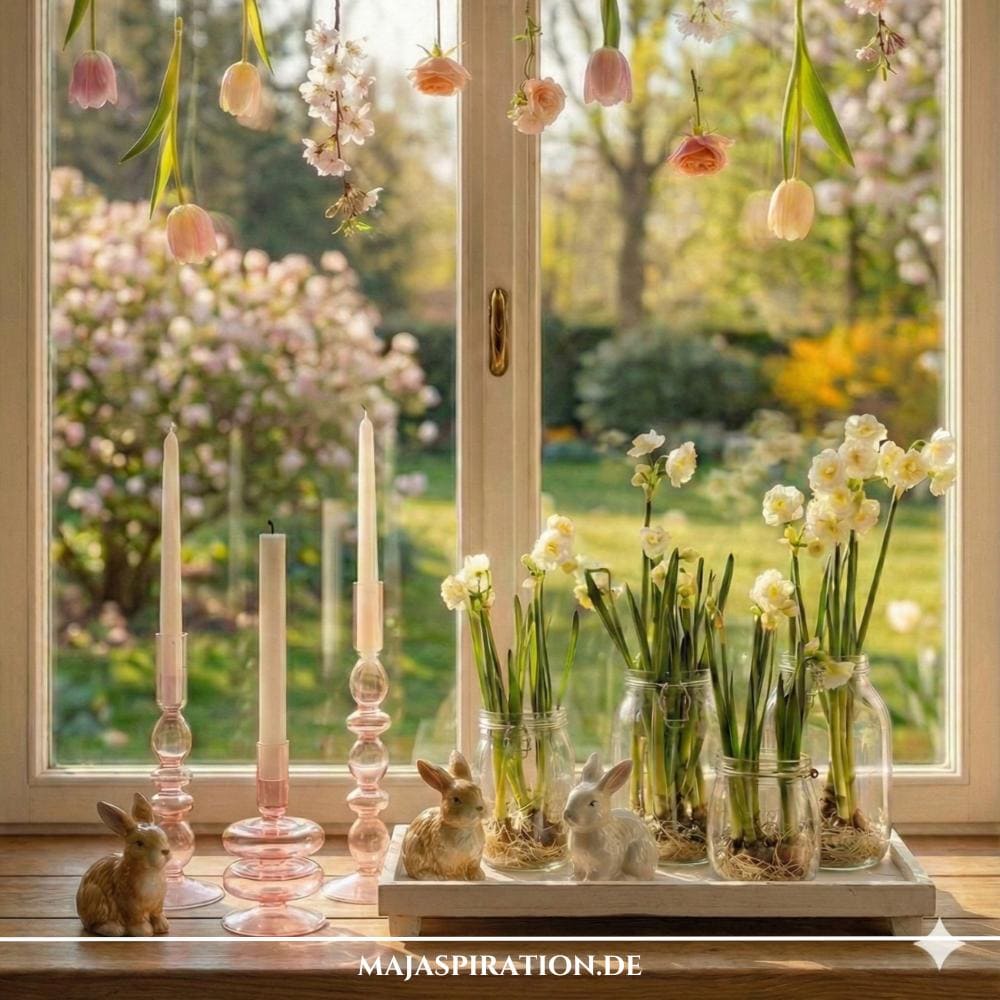 Frühlingshafte Fensterdeko für Ostern mit Hyazinthen in Glasvasen und Glas-Kerzenständern