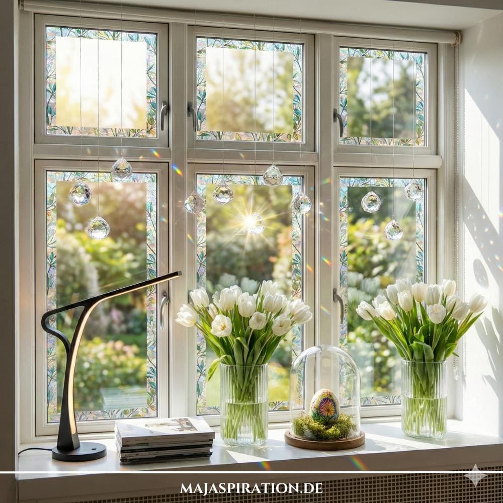 Frühlingshafte Fensterdekoration mit Fensterfolie und Glas-Prismen