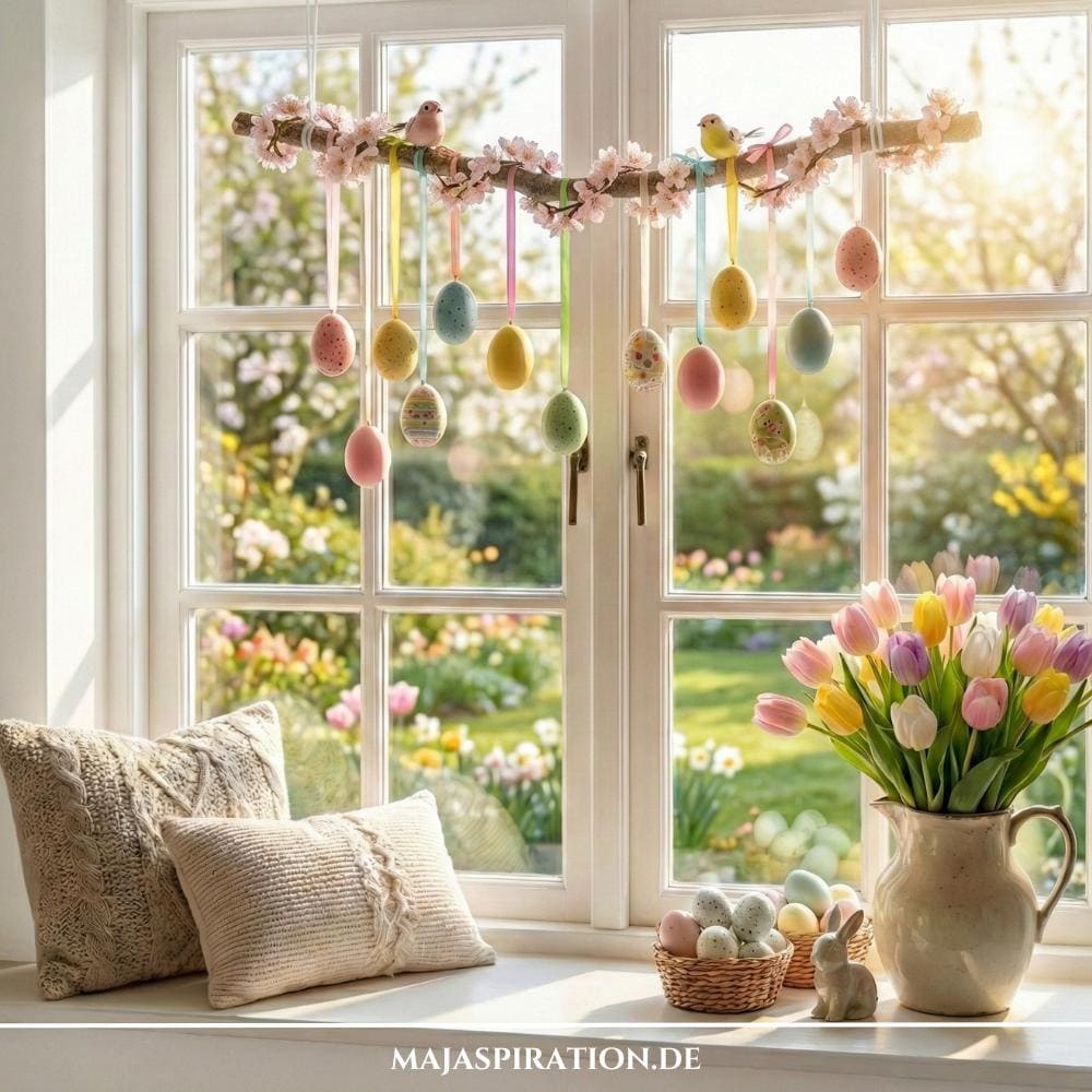 Österlicher Deko-Ast mit Ostereiern ans Satinbändern am Fenster