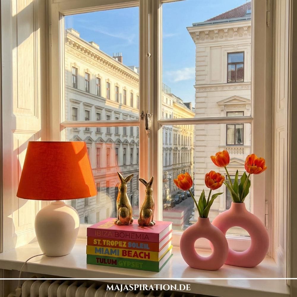 Pop-Art inspirierte bunte Osterdeko am Fenster mit bunten Deko Büchern, rosa Vasen und goldenen Hasen