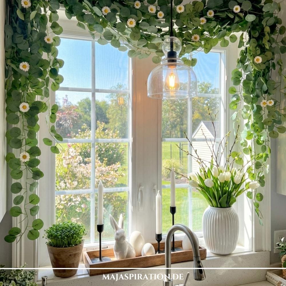 Frühlingsdeko für Fenster mit Eukalyptusgirlande an Gardinenstange