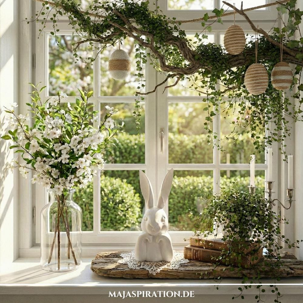 Osterdeko für das Fenster mit bewachsenem Efeu-Ast und Makramee-Ostereiern