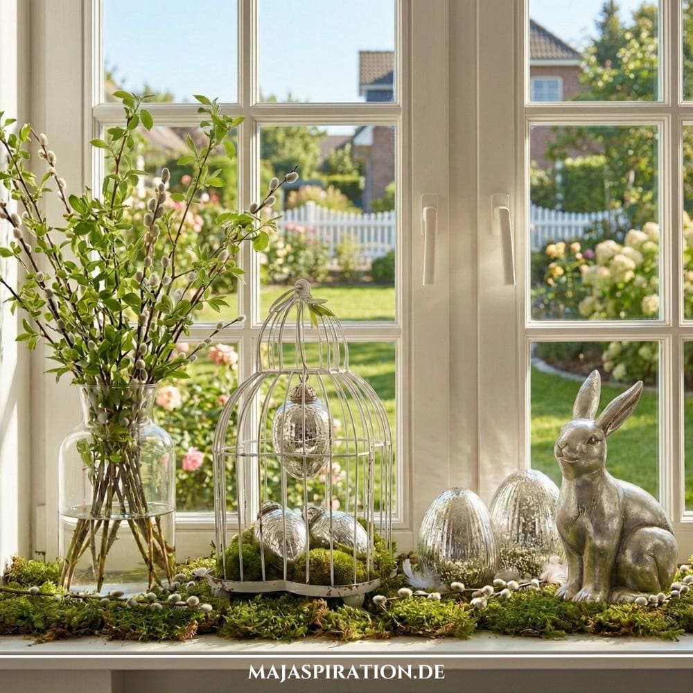 Frische Osterdeko Idee für die Fensterbank mit Vogelkäfig und Moos