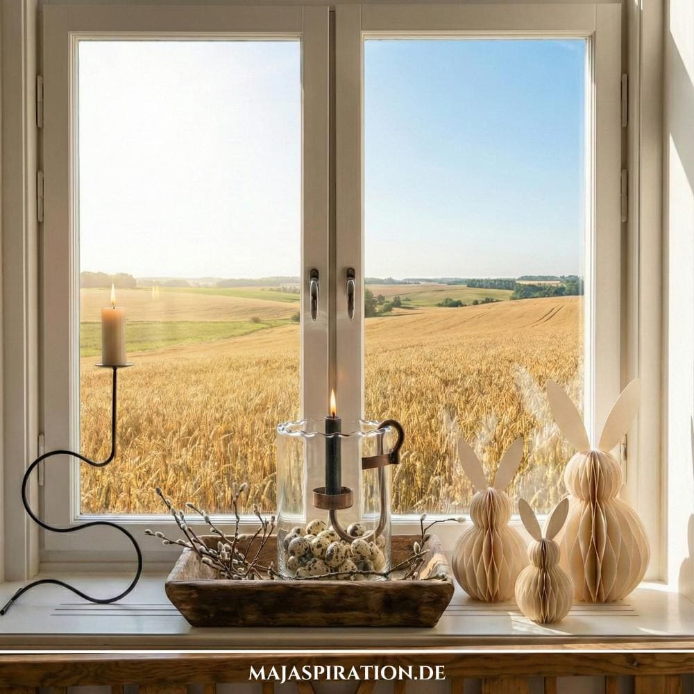 Minimalistische Osterdeko für das Fenster mit Windlicht und Papier-Hasen