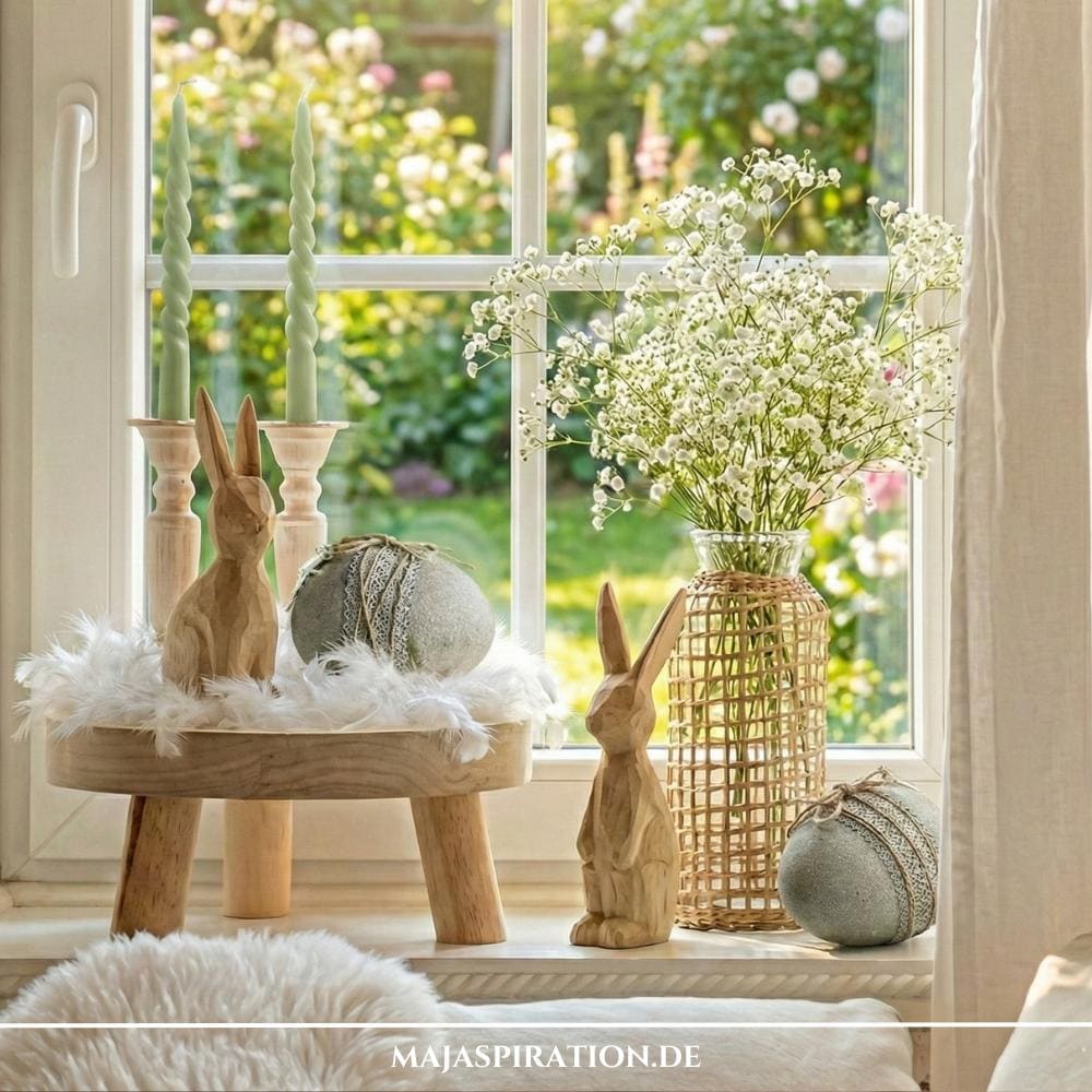 Landhaus-Romantik Osterdeko für das Fenster mit Rattan-Vase, Steineiern und Holzhasen