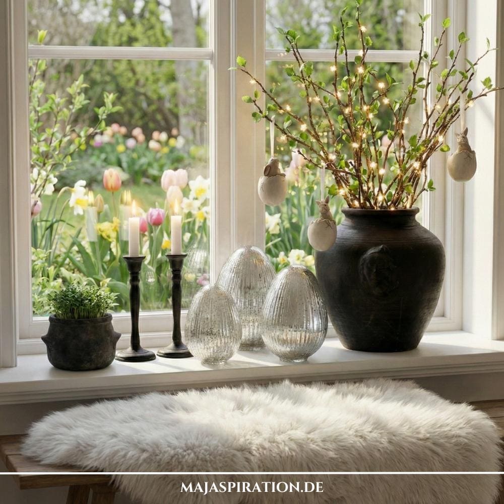 Moderne Osterdeko für das Fenster mit grünen Zweigen und goldigen Osterei-Anhängern und großen Ei-Skulpturen