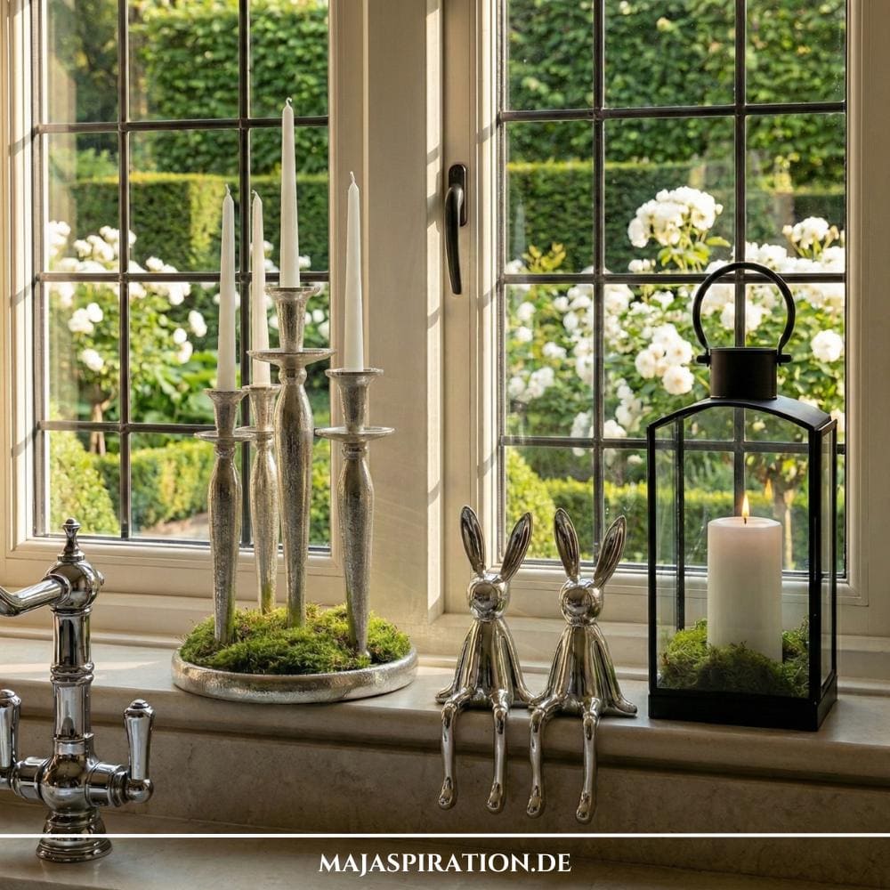 Originelle Osterdekoration für die Fensterbank mit sitzenden Hasenfiguren und Moos-Objekten