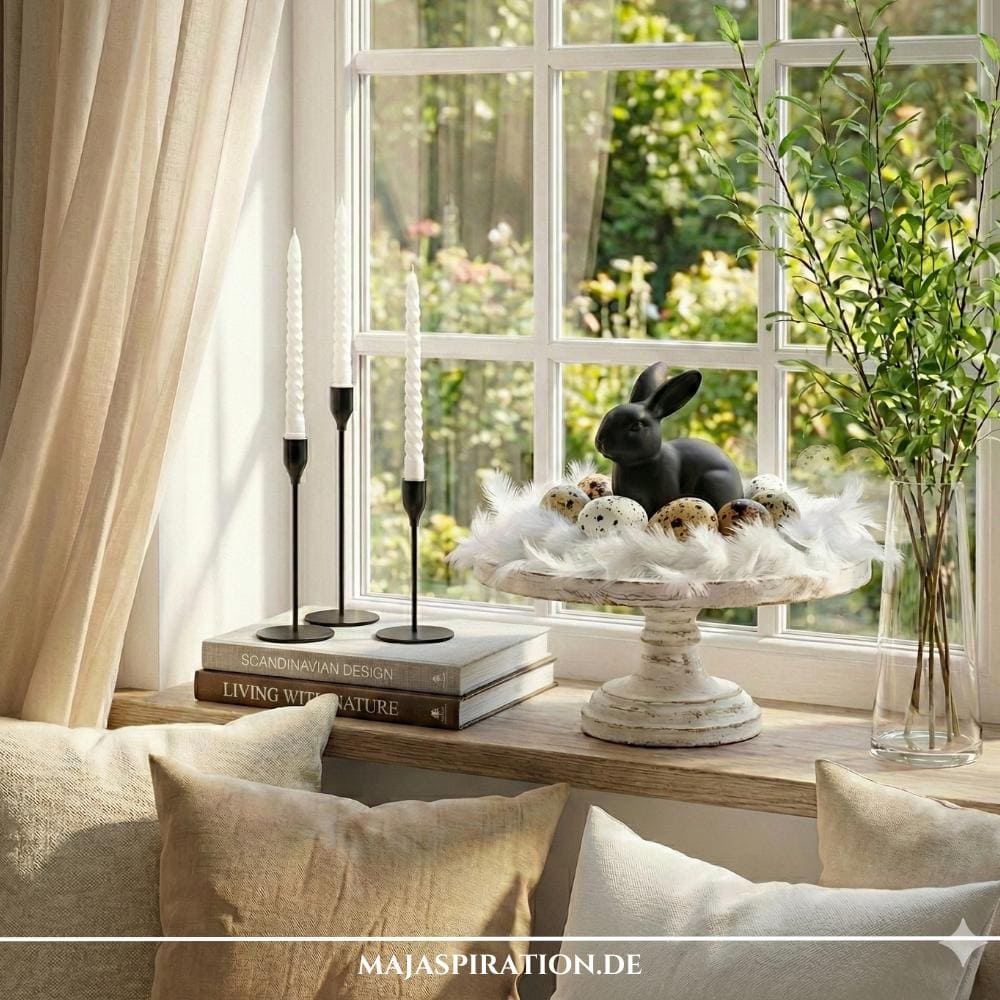 Skandinavische Osterdeko mit weißem Tortenständer und Osternest aus Federn mit schwarzem Deko-Hasen und Kerzenständern