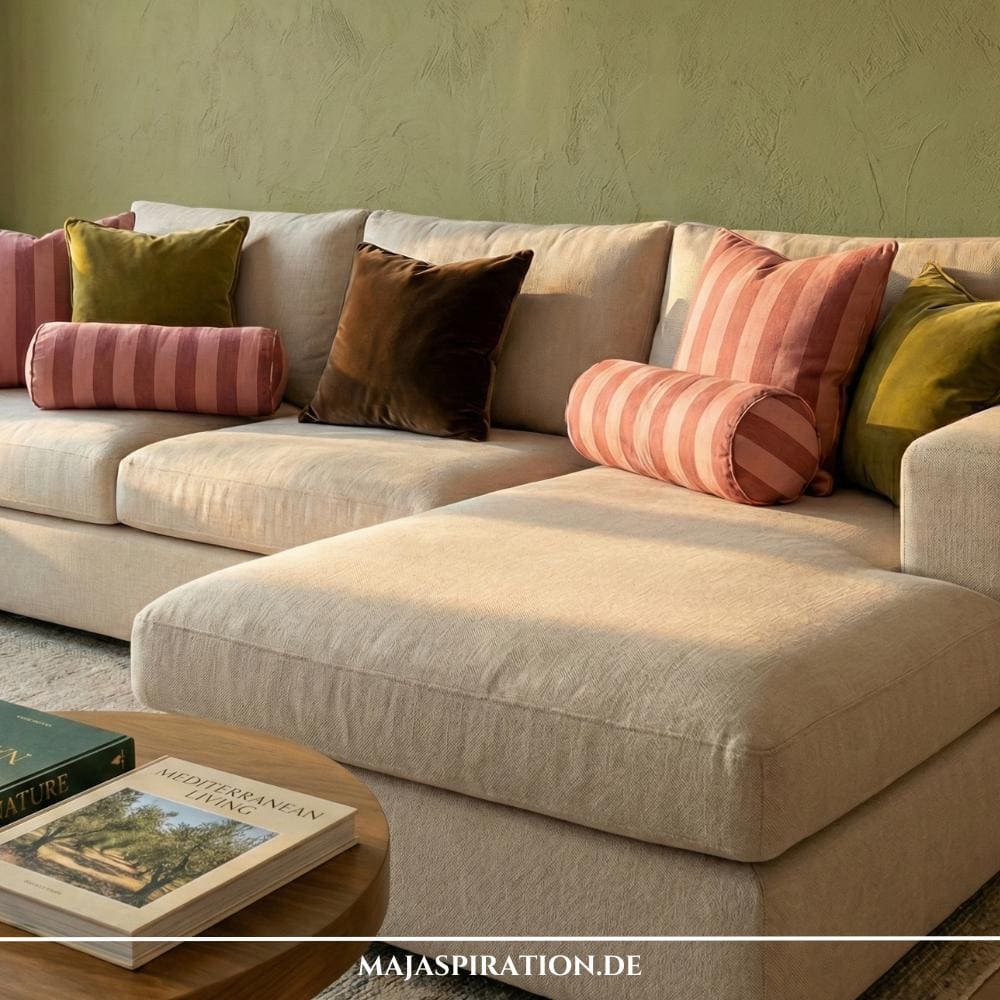 Beiges Sofa vor salbeigrüner Wand mit bunten Kissen in Olive, pink-gestreift und Dunkelbraun.