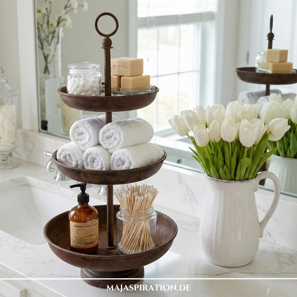 Antikes Etagère aus Metall mit drei Ebenen als Badezimmer Deko und Organizer mit Handtüchern, Seife & Co.