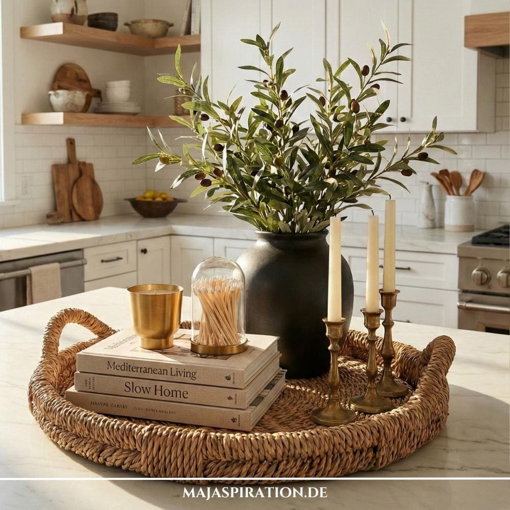 Großes Flechttablett mit schwarzer Vase und Olivenzweigen, Kerzenständern und Dekobüchern in Küche