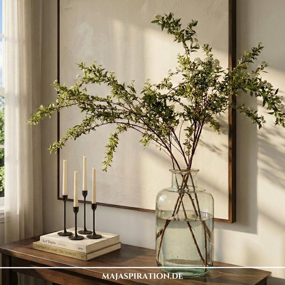 Konsolentisch mit Glasvase und großen Zweigen vor einer beigen Leinwand als Frugal Chic Deko