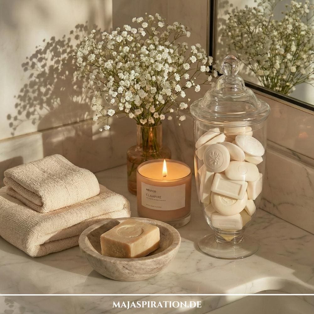 Elegantes Waschbecken mit dekorativem Glasbehälter voller Handseife und einer kleinen Steinschale mit Handseife und einer Vase mit weißem Schleierkraut