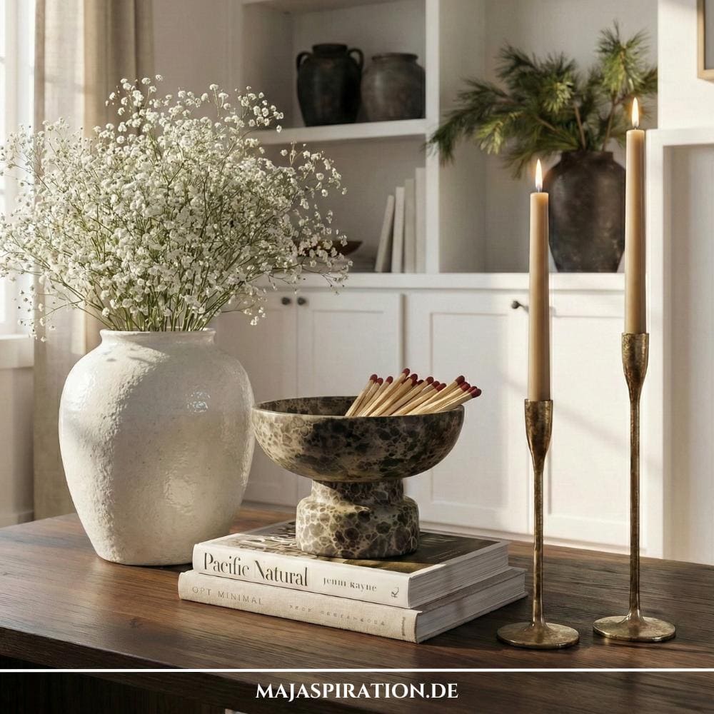 Frugal Chic Deko Ideen in unterschiedlichen Höhen mit Kerzen und Schale auf Deko Büchern