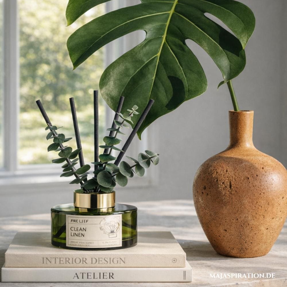 Elegantes Raumspray mit Eukalyptuszweigen auf Deko Büchern