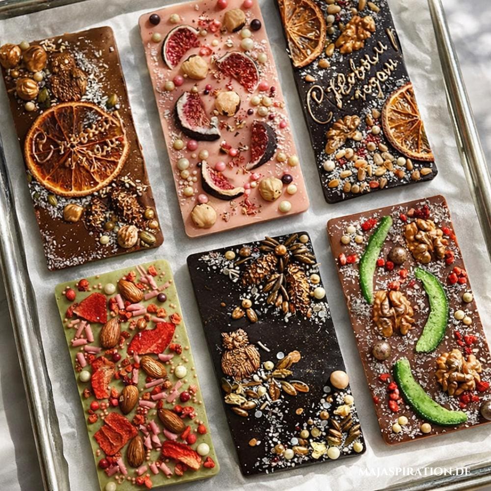Selbstgemachte Schokoladentafeln bunt gestaltet und dekoriert als DIY Geschenkidee