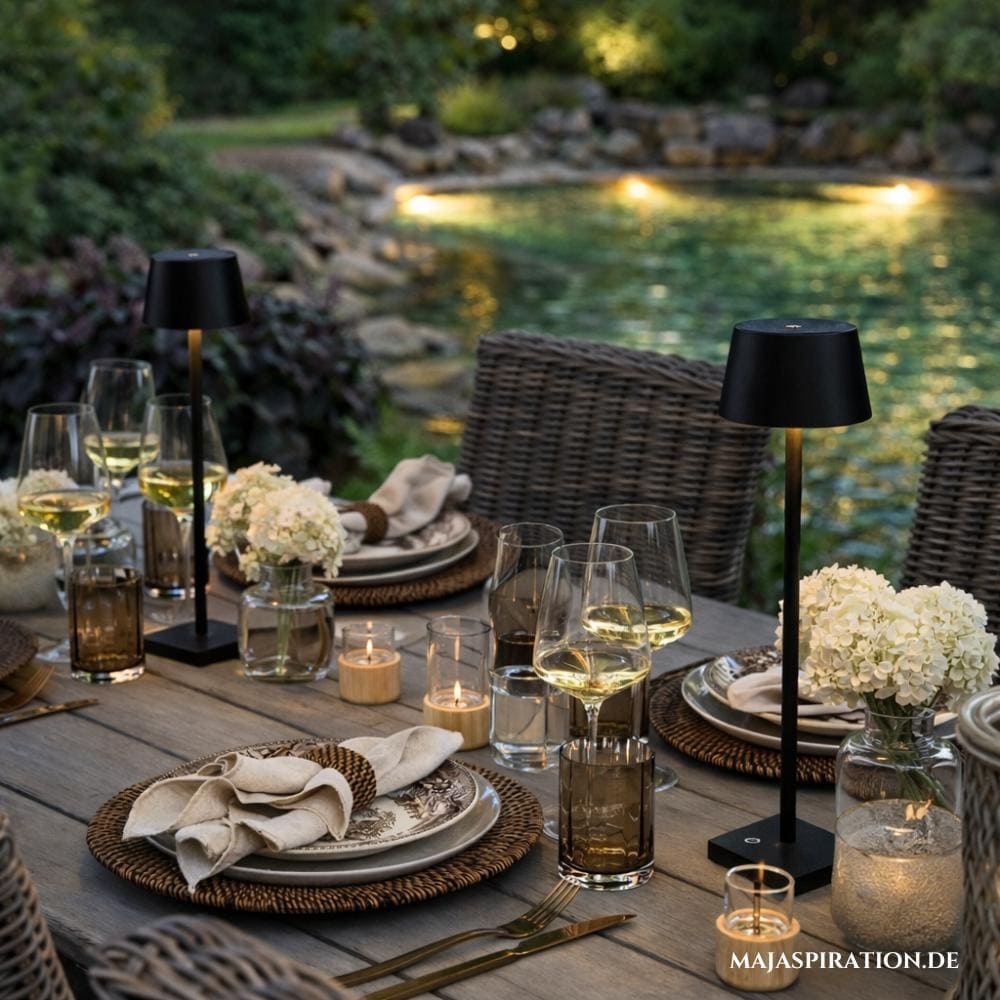 Schlichte schwarze Tischlampen für den Garten als Geschenkidee