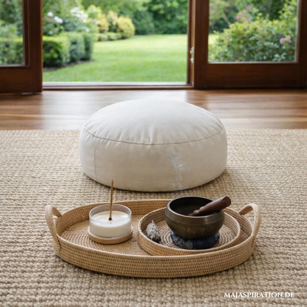Meditationskissen mit Tablett mit Klangschale und Räucherstäbchen als Entspannungs-Geschenkset